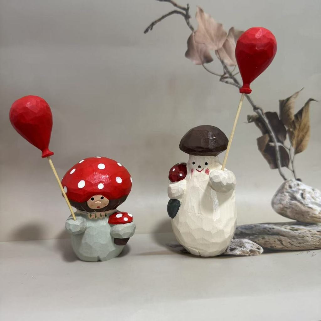 Wooden Mushroom Figurine With Balloons Handmade Home Decor Gift For Friends And Celebrations