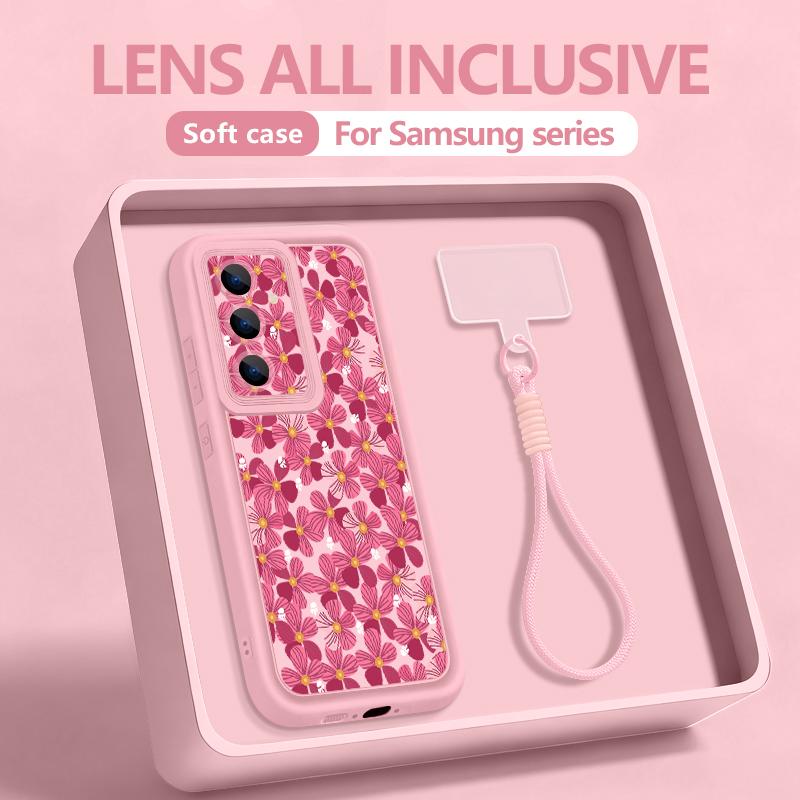 Lanyard Phone Case For Samsung Galaxy S26 S25 S24 Ultra S23 S25 FE A57 A37 A17 A56 A36 A16 A55 A54 A15 Pink Flowers Print Cover