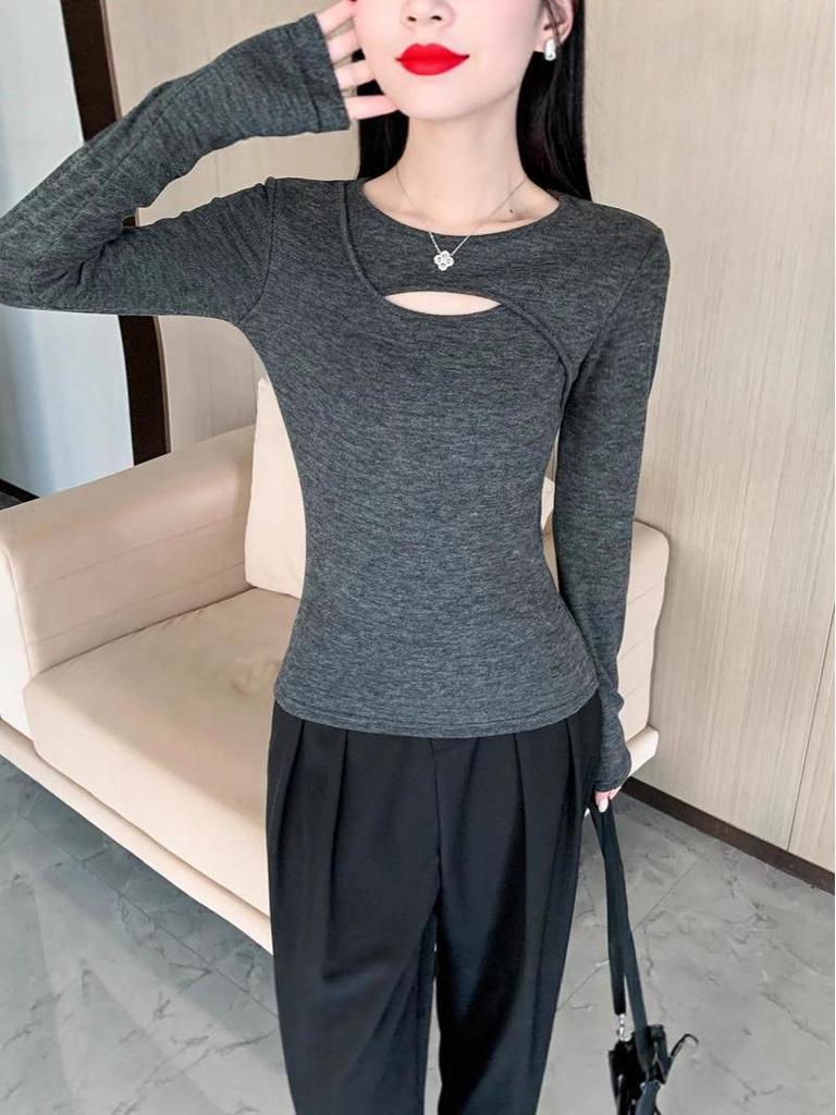 Damen-Langarm-Basisshirt mit Aussparungen, Herbst/Winter 2025, Unifarben, Trendiger Hot Girl Style, Perfekt zum Schichten oder solo Tragen.