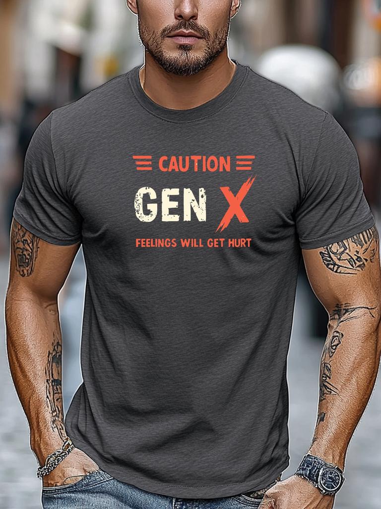 Unisex Navy Crew Neck Tee Caution Gen X Feelings Will Get Hurt Distressed Retro Red White Text Warning Slogan Graphic Soft Short