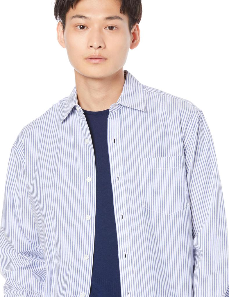 Amazon Essentials Men's Regular Fit Casual Long Sleeve Poplin Shirt, Blue and White, Vertical Stripes, Size L