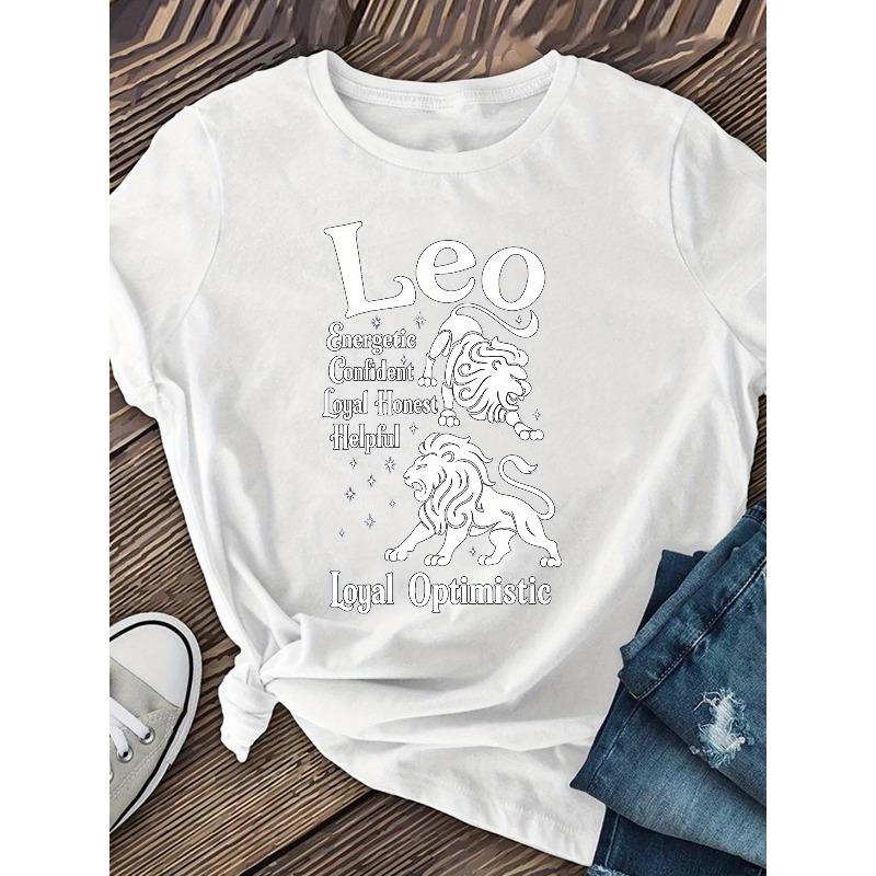 Women's Leo Zodiac Lion Stars Print Tee Round Neck Short Sleeve Casual Breathable Astrology Lovers Top