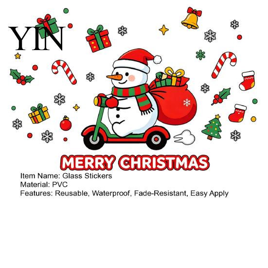 Winter Home Decor Cute Snowman Scooter Christmas Static Window Cling, Cartoon Merry Glass Reusable Holiday Ornaments Decal, Waterproof Sticker