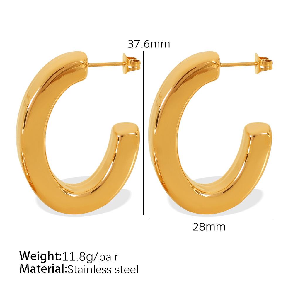 European and American Glossy Design C-shaped Earrings, Minimalist Cold Titanium Steel Plated 18k Gold Earrings