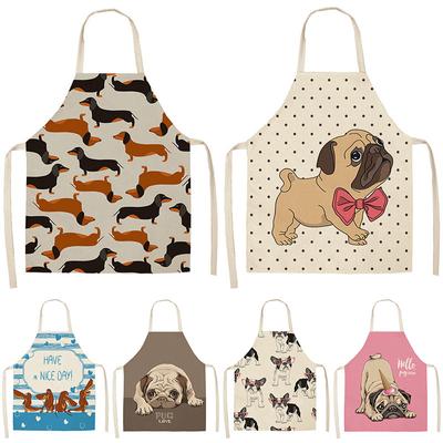 Bulldog Dachshund Pug Dog Kitchen Apron Printed Cotton Linen Ladies Bib Home Cooking Cleaning Tools