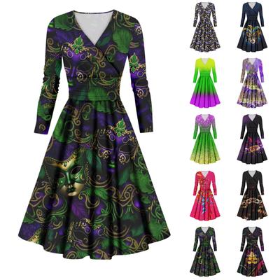 Lässiges und modisches, sexy Kleid mit langen Ärmeln und V-Ausschnitt für Damen im Karnevals-Print
