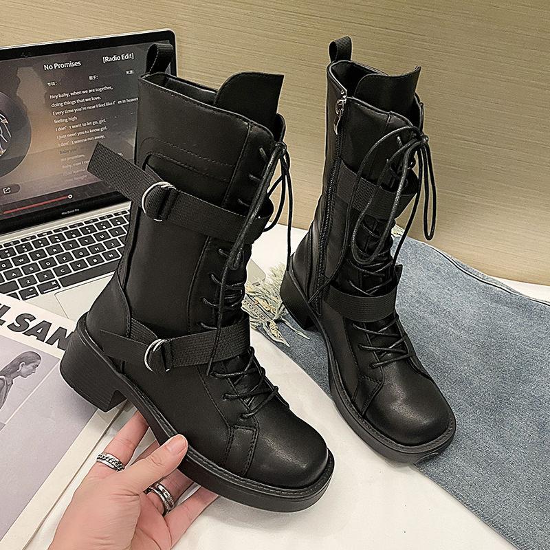 Fashion Spring Autumn Retro Middle Heel Ladies Mid Calf Shoes New Rock Goth Demi-season Comfortable and Elegant Women's Half High Boots