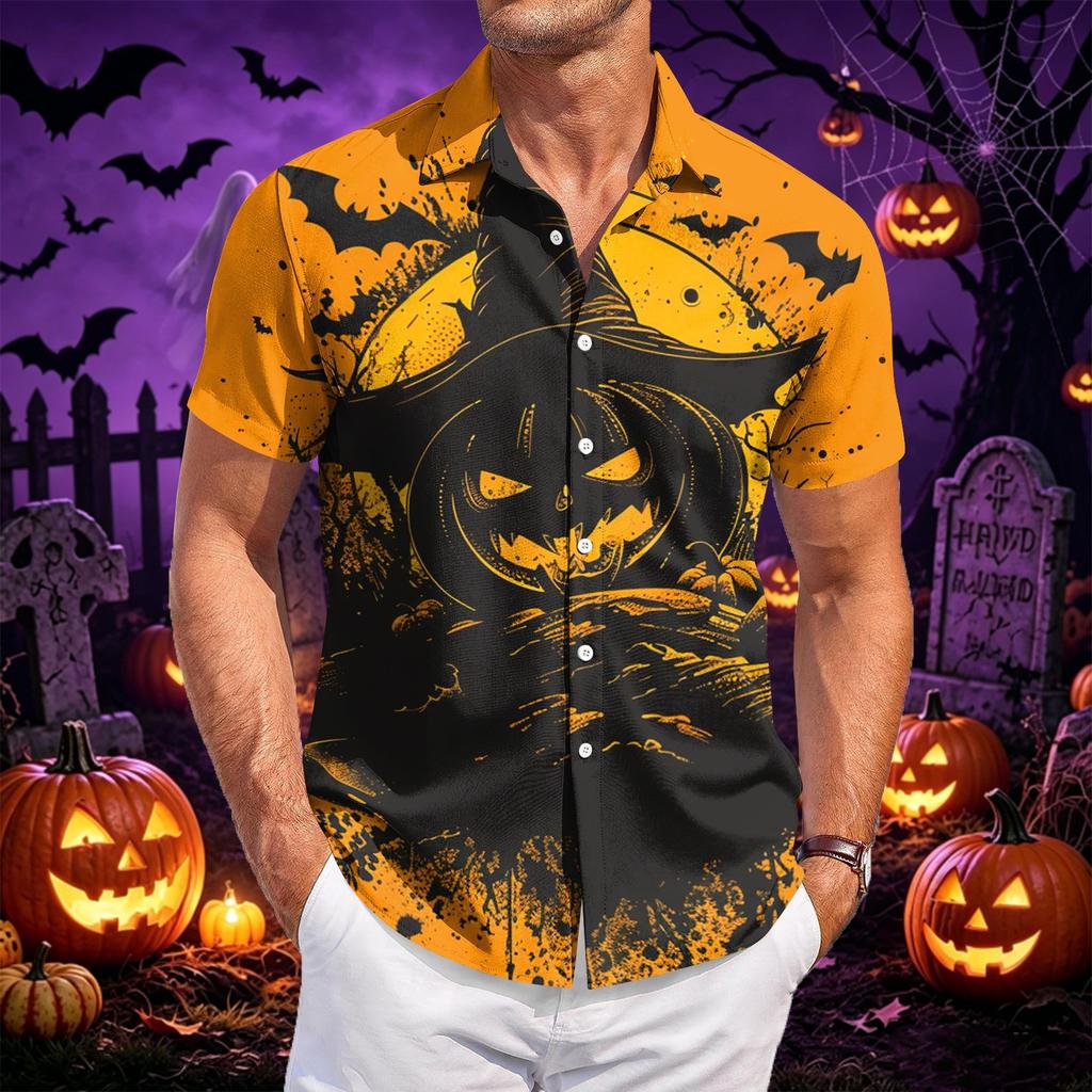 Men's Casual Short Sleeve Shirt Button Down Lightweight Breathable Fabric Halloween Bat Print Shirt for Summer Beach Party