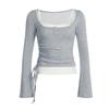 Bell Sleeve Slim Crop Tops Bow Skinny Knitwear Sweet Bottoming Top  Spicy Girl