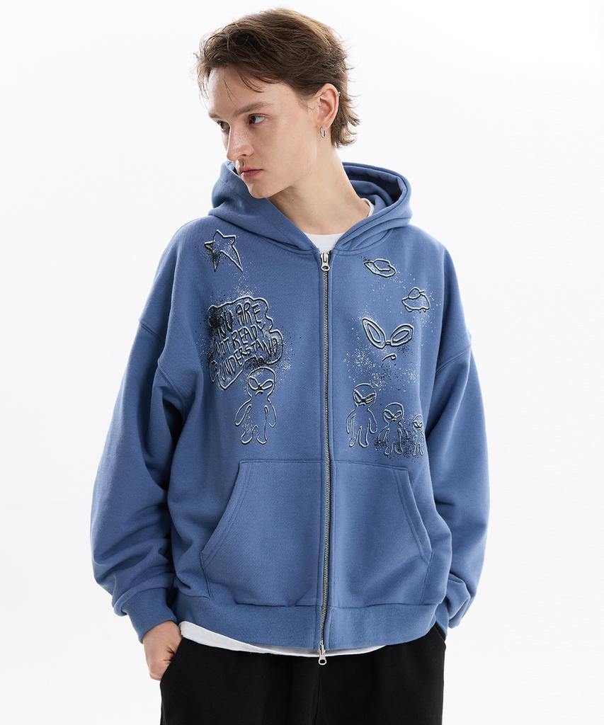 Hoodhood Doodle Alien Zip-Up Hoodie Dust Blue