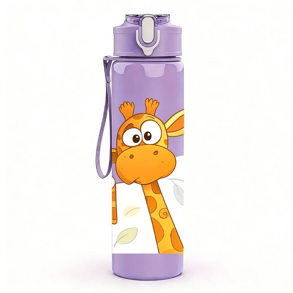1PC Cute Giraffe Cartoon Print 750ml Color Plastic Sports Water Bottle Leakproof Flip Straw Lid Suitable for Sports Office Home Use
