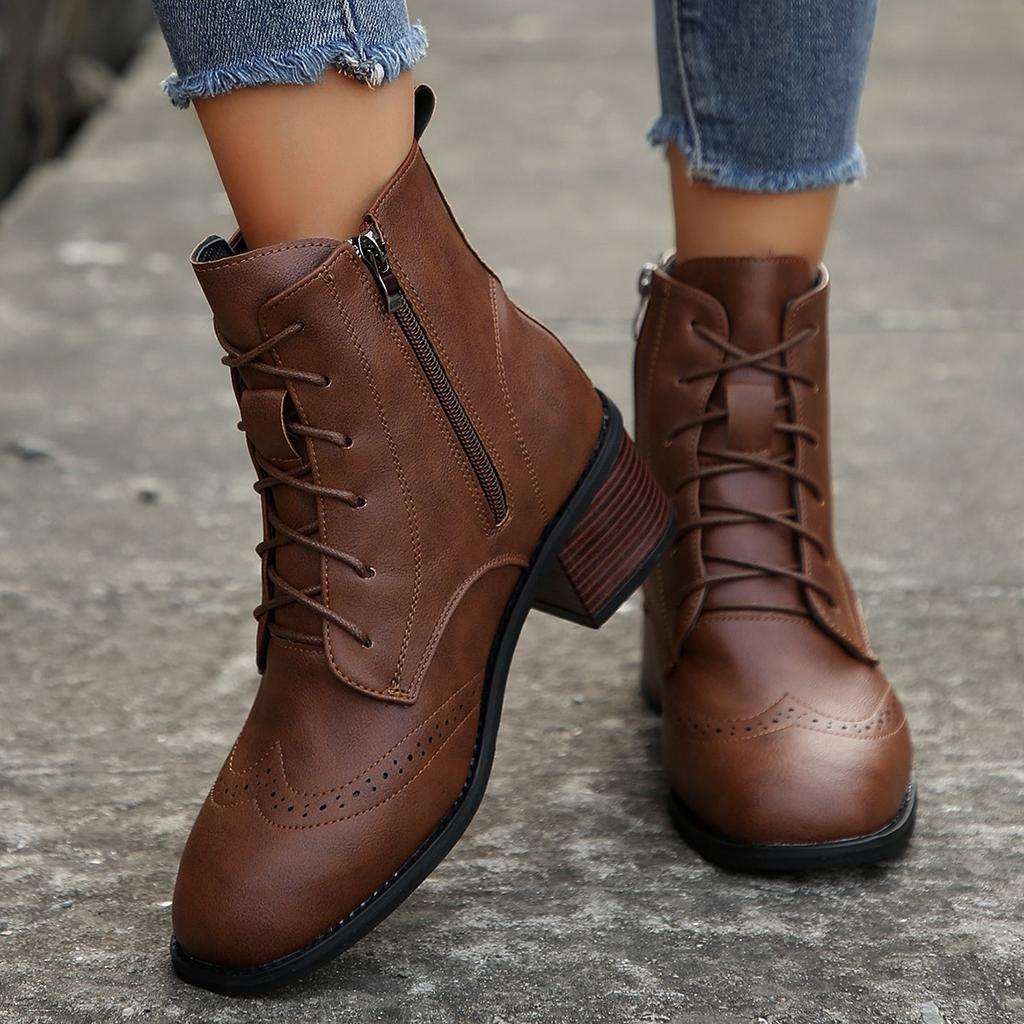 Fashion Women Square Head Splice Lace Up Versatile  Autumn Winter Square Med Heel Ankle Boots Lace Up Zipper Ladies Pumps Leather Shoes