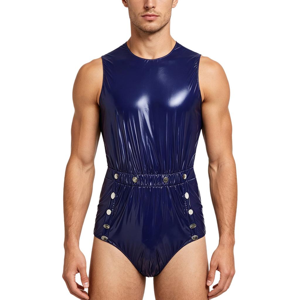Mens Waterproof Bodysuit Sleeveless Openable Crotch Buttons Back Zipper Elastic Waistband Romper