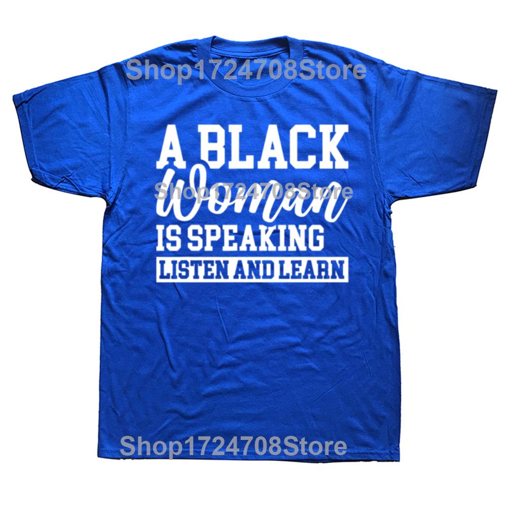 Lustig Eine schwarze Frau spricht Zuhören und Lernen Vintage Grafik T-Shirts Herrenmode Lässig Baumwolle Locker Übergroßes T-Shirt