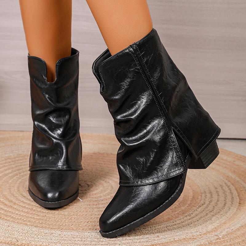 Plus Size Fashion Chunky Heel Ankle Boots Women Pointed Toe Slip On Fold Over Boots Woman Autumn Winter Black PU Leather Booties