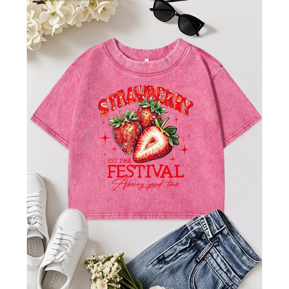 Strawberry Festival Fruits Est 1968 Print Womens Washed T-Shirt Cotton O-Neck T Shirts Fitness Tops Summer