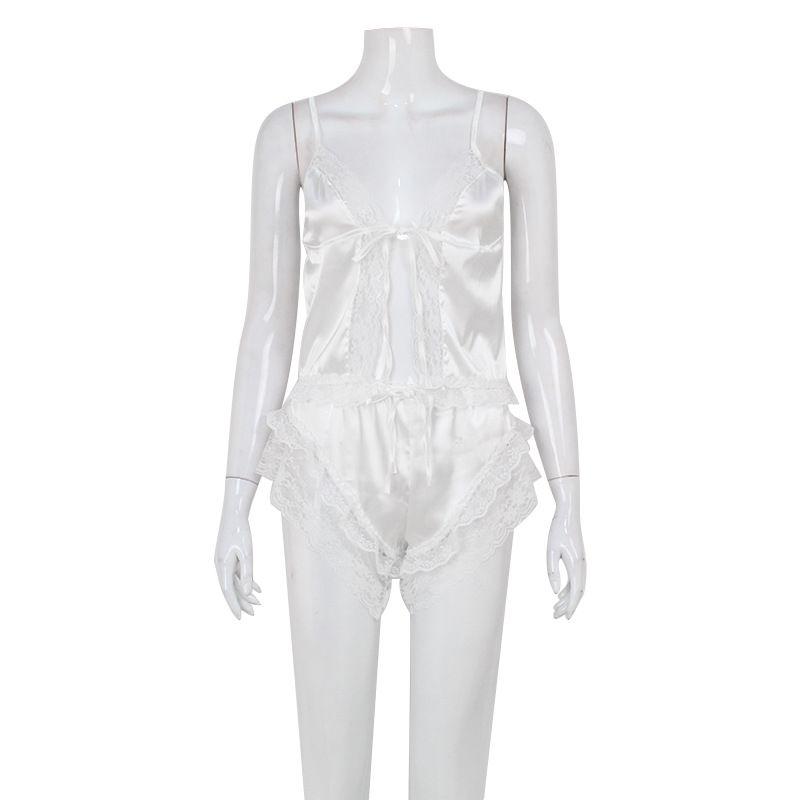 

Fashion Elegant Lace Patchwork Strappy Cardigan High Waist Shorts Two-piece Set Plaid Fancy Acetic Acid Loungewear Suit White L