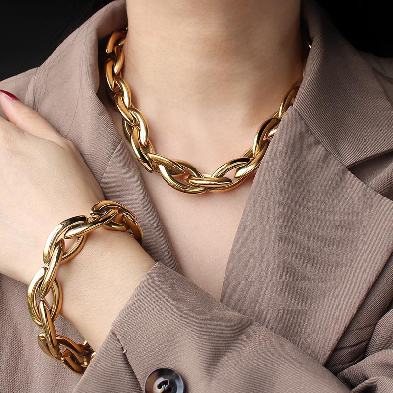 2026 Women's Fashionable 18K Stainless Steel Jewelry Set Chunky Link Necklace Bracelet Combo Big Olive Shaped Jewelry