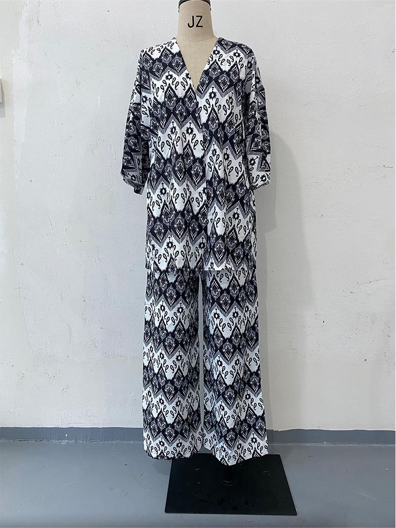 

Весенняя мода 2024 Кардиган с принтом и рукавами средней длины и брюки широкого кроя Комплект-двойка для женщин XL