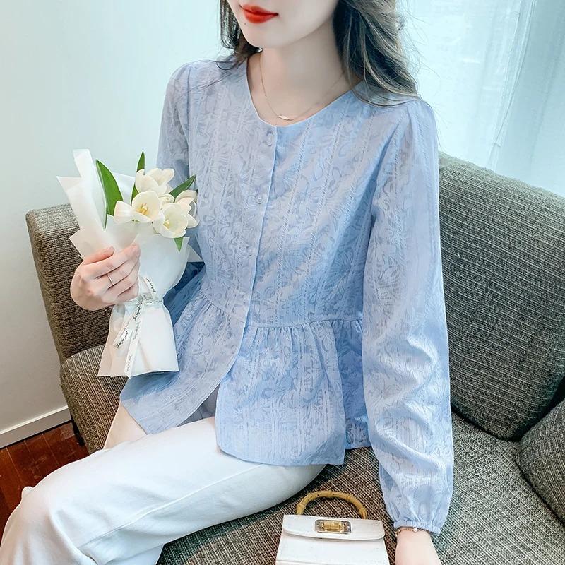 

Летняя женская жаккардовая блузка с баской, на пуговицах спереди, с длинным рукавом, повседневный элегантный свободный топ S синий