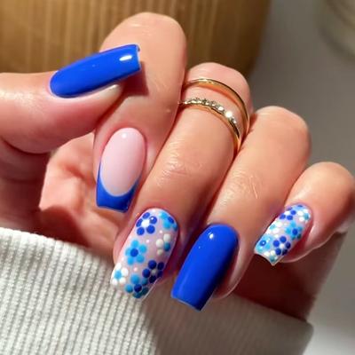 Fake Nail Blue Printed Wearing Nail French Removable Nail Patch Simple Nail Patch Nail Patch