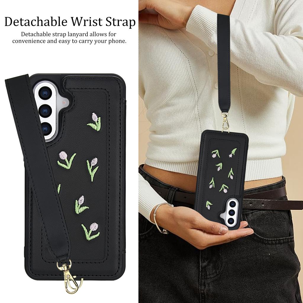 For Samsung Galaxy A36 5G/A56 5G Case Embroidered Tulips PU Leather Card Holder Back Cover with Shoulder Strap/Wrist Strap