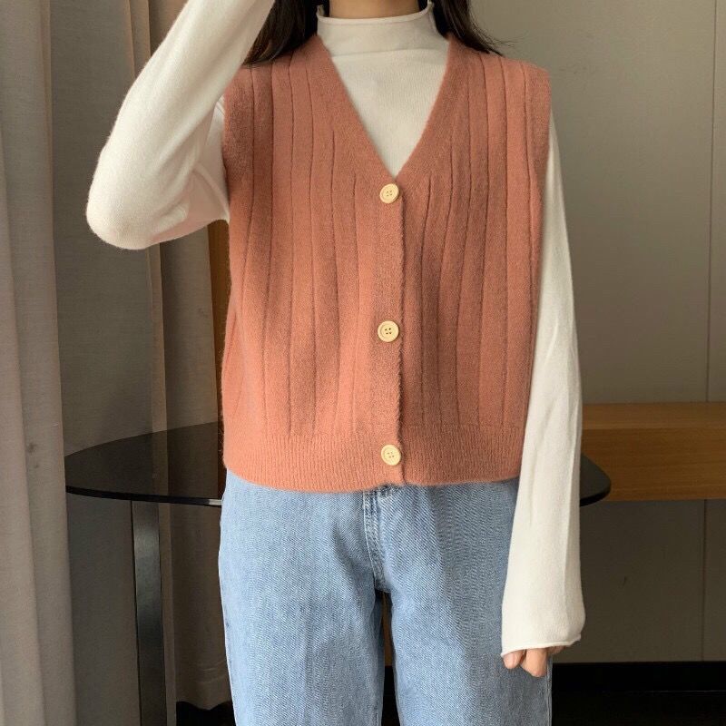 Women's Korean Style Loose Sleeveless Knitted Sweater Cardigan Vest Preppy Style Knitwear Cardigan Outerwear
