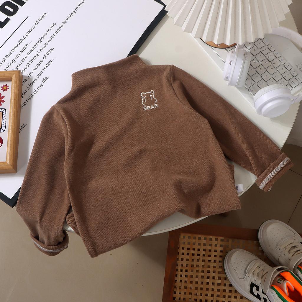 Girls' Autumn Winter Warm Base Layers, Bear Pattern, Inner Wear Outdoor Slim Fit Versatile Easy Soft Round Neck Long Sleeve Pullover Top
