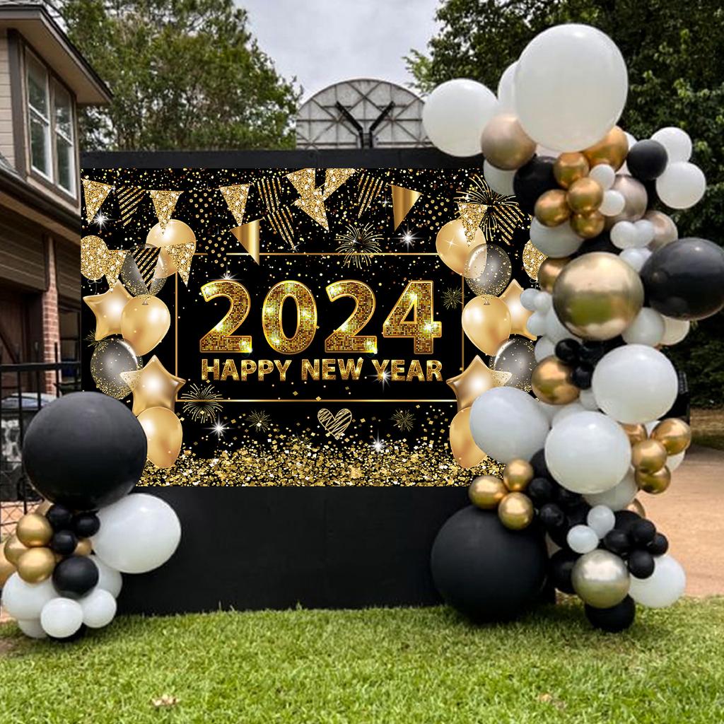 2024 New Year Party Backdrop Firework Clock Bokeh Champagne Photocall Celebrate Banner Boy Girl Adult Backgrounds Decoration