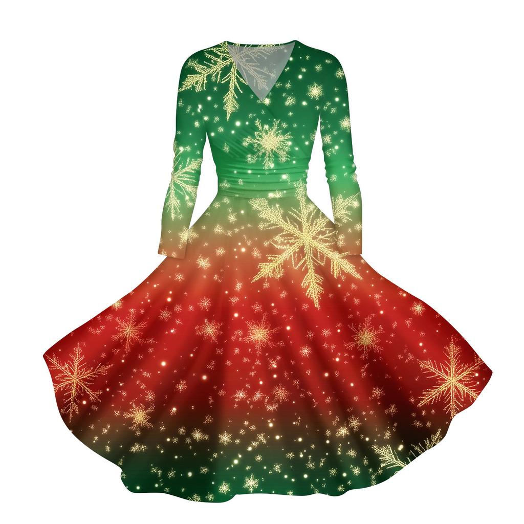 Abito casual da donna con scollo a V, maniche lunghe, stampa natalizia retrò, autunno