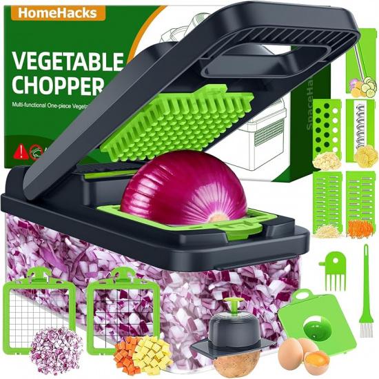 

HomeHacks Vegetable Chopper Vegetable Cutter, 12 in 1 Kitchen Gadget, Dicer, Slicer, Onion Cutter, Salad, Cheese Grater & Egg Separator - 7 blades зелений