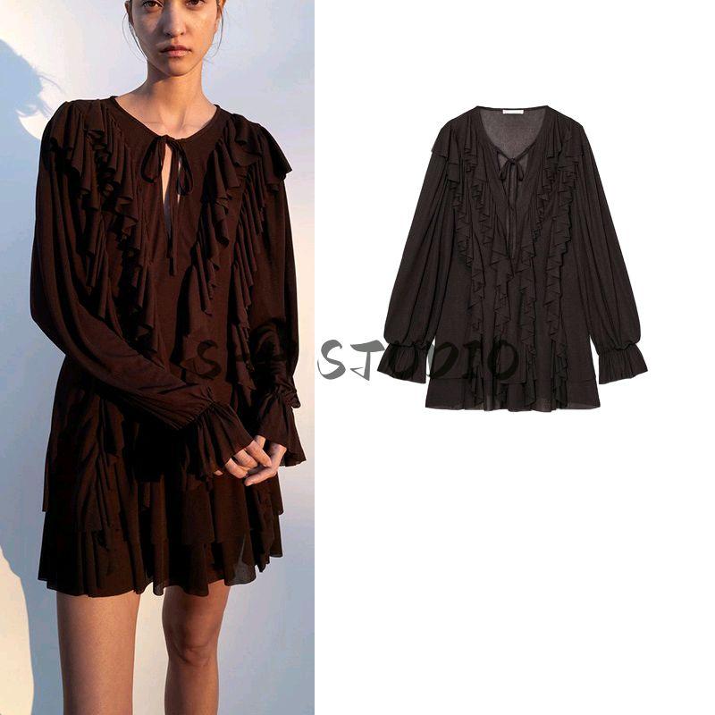 Spring New Women's Clothing Bows Lace-up Crew Neck Long Sleeves Laminated Decoration Short Dress 4813320