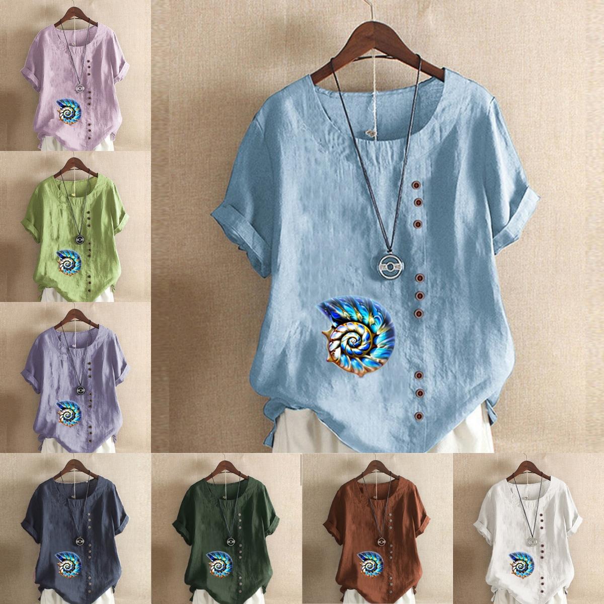 

Women s Fashion Conch Prined Round Neck Short Sleeve T-shirt Casual Cotton Linen Graphic Shirt Leisure Loose Summer Blouse Tops S рожевий