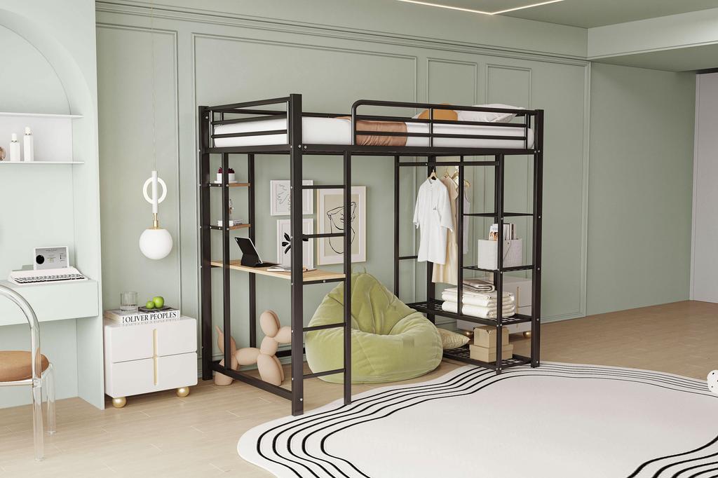Hochbett mit Leiter 90*200cm, Einzelbett Kinderbett mit Tisch mit einfacher Aufhängung mit Staufächern, Schwarz