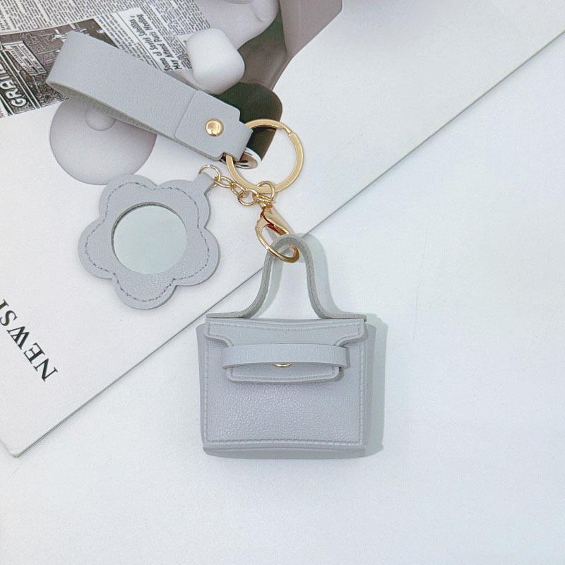 Mini PU Leather Keychain Bag with Flower Mirror Wrist Strap Trendy Bag Charm Perfect Christmas Gift for Female Friends