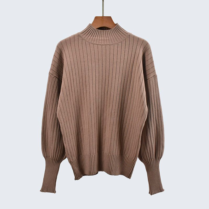 High Quality Autumn and Winter Half Turtleneck Knitting Sweater Sunken Stripe Long Sleeves Idle Style Pure Color Base Pullover Heattech Women's Top