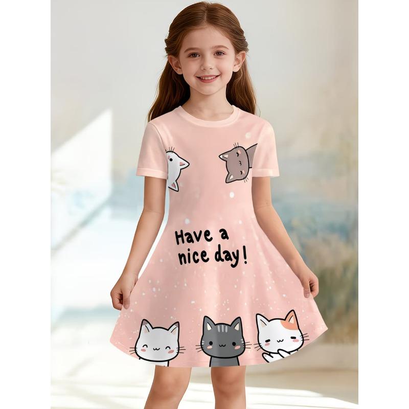 Cute Cat Girls' Princess Dress Summer Casual Dress for Girls Cartoon Graphic Outfit O-Neck Birthday Gifts Children Clothes