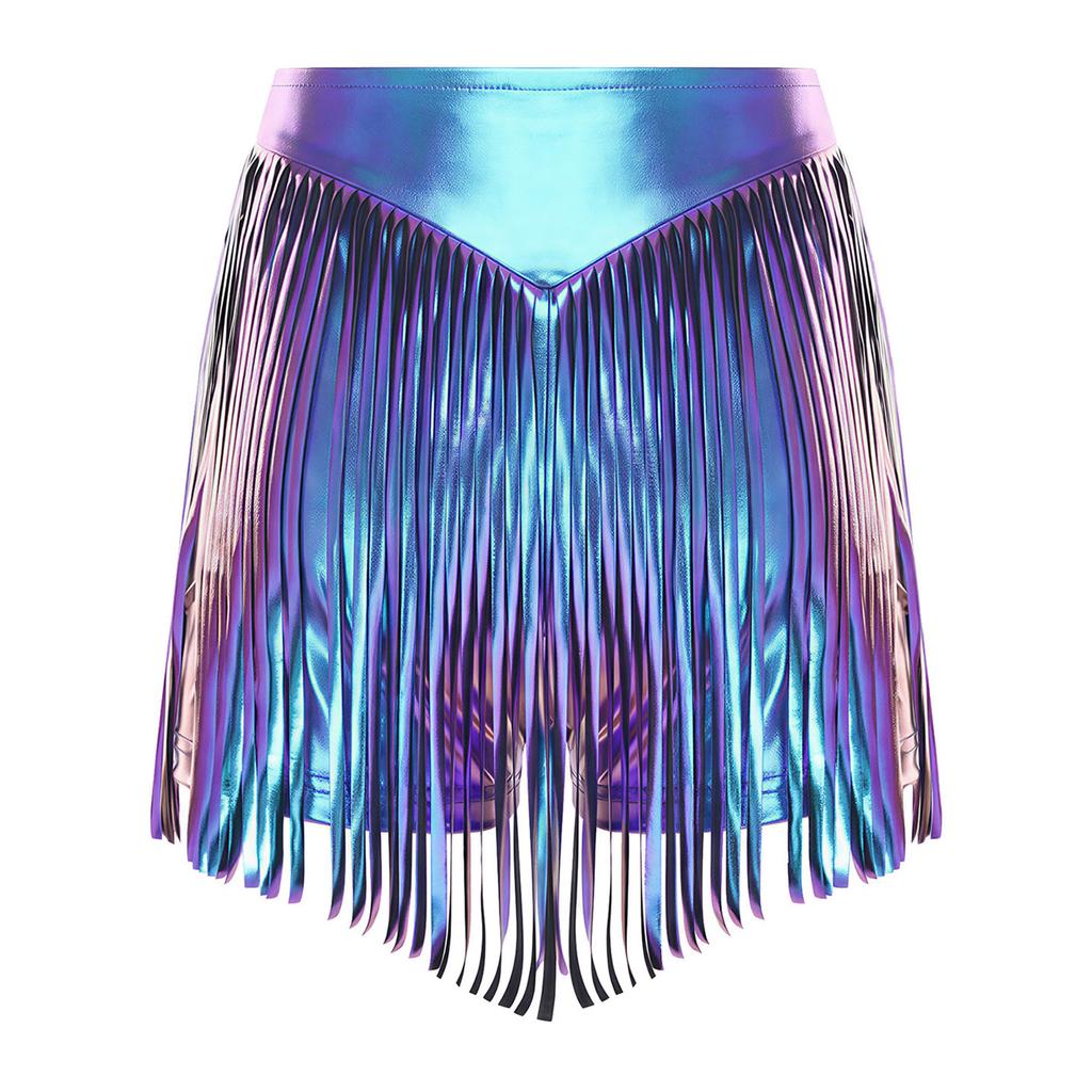 S-XXL Women's Fringed Booty Shorts: High Waist Iridescent Metallic Hot Pants with Tassel for Jazz Rock Dance Performance