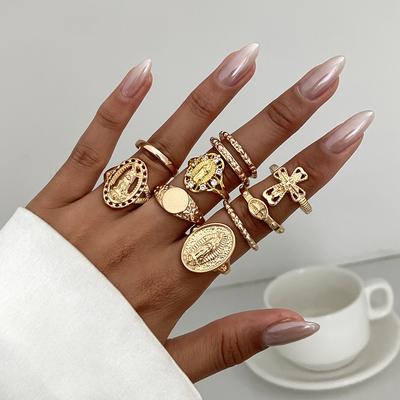 PuRui Punk 10 stuks/set Goudkleur Holle Kruisvormige Vingerringen Vrouwen Creatief Uniek Dagelijks Banket Zirkonia Accessoires