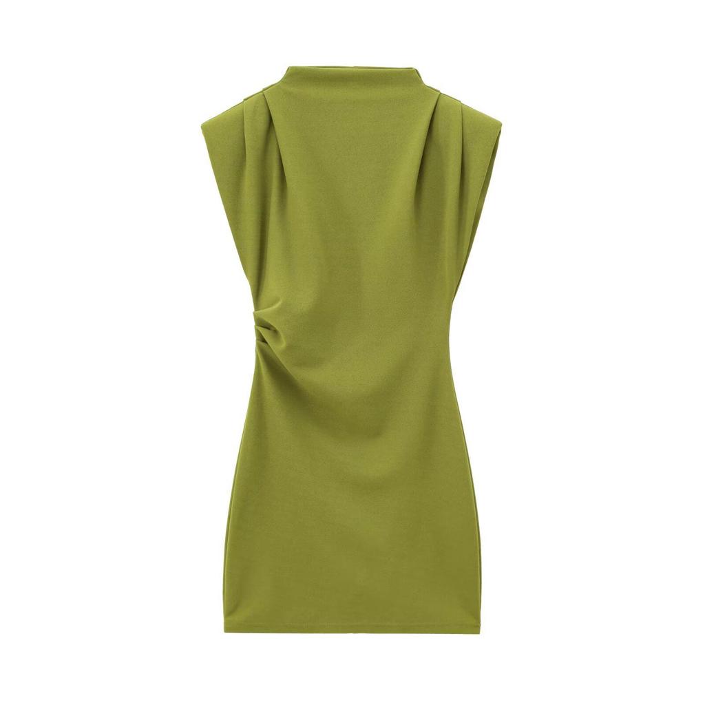 2025 Spring Women's Slim Stand-Up Collar Dress with Padded Shoulders and Waist-Cinching Design