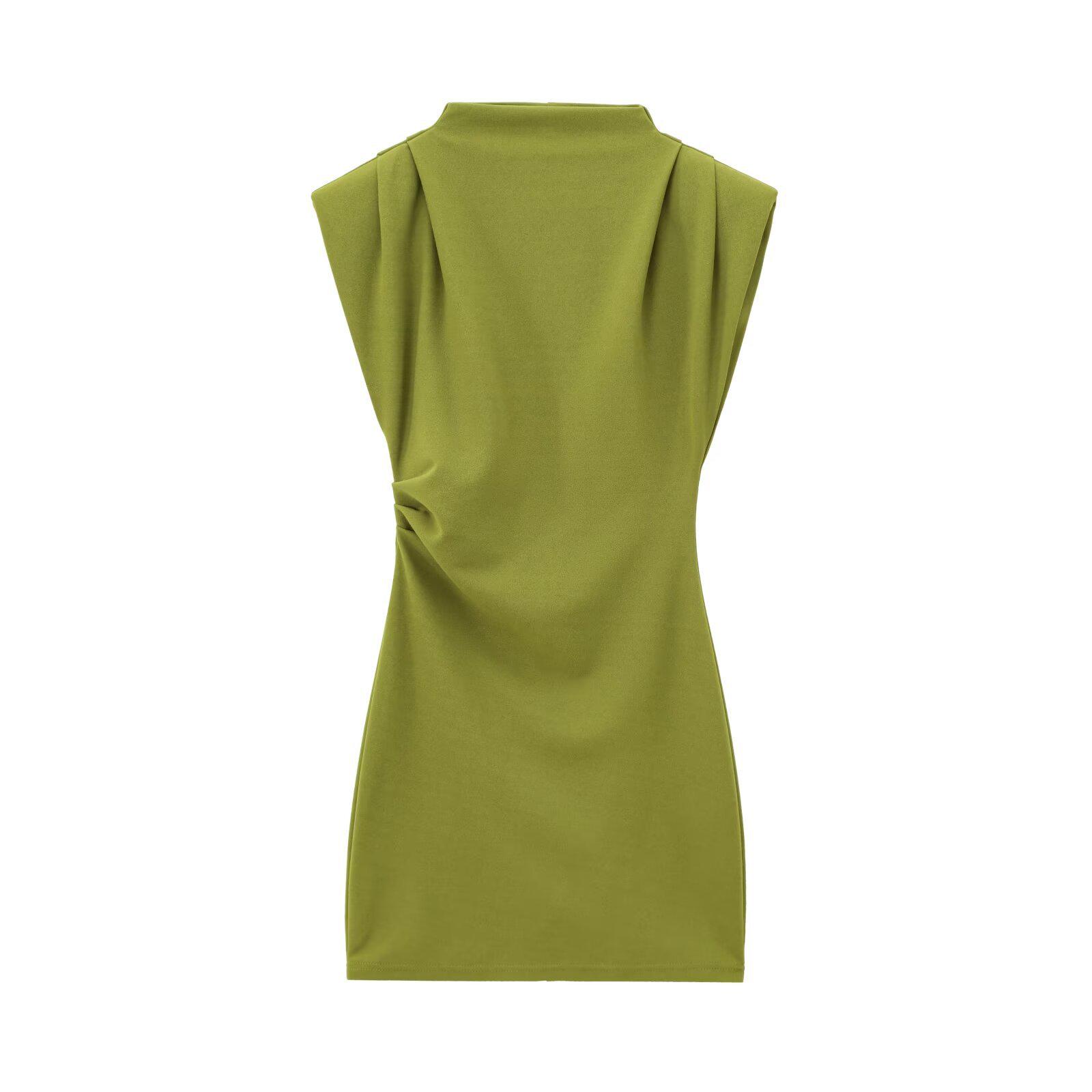 

2025 Spring Women s Slim Stand-Up Collar Dress with Padded Shoulders and Waist-Cinching Design Small желто-зеленый