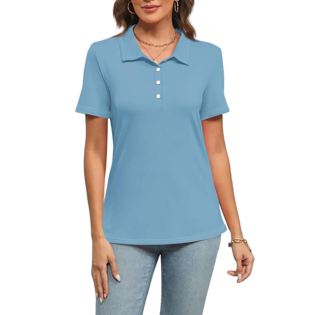 Women's Fashion Lapel Short Sleeve Solid Color Printed Button Top