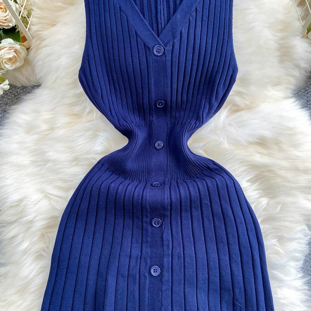New Summer Solid Round Neck Sleeveless Sweater Knitted Dress for Women Casual Simple Single-breasted Elastic Bottoming Knitwear Dresses
