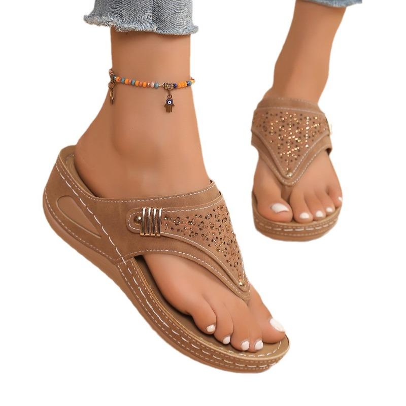 Women's Rhinestone Toe-Post Wedge Sandals, Stylish Open-Toe Flip Flops, Plus Size Summer Shoes