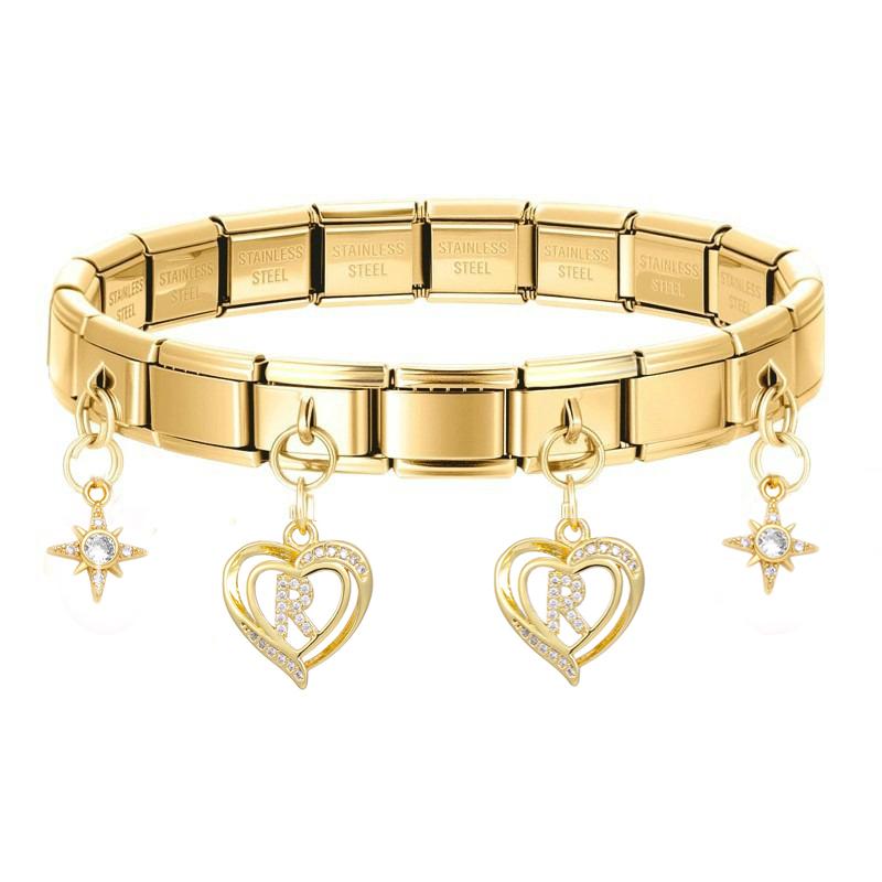 26 Initial Letters A-Z Zirconia Dangle Bracelet Stainless Steel Elastic Bangle for Men Women Birthday Party Name Jewelry
