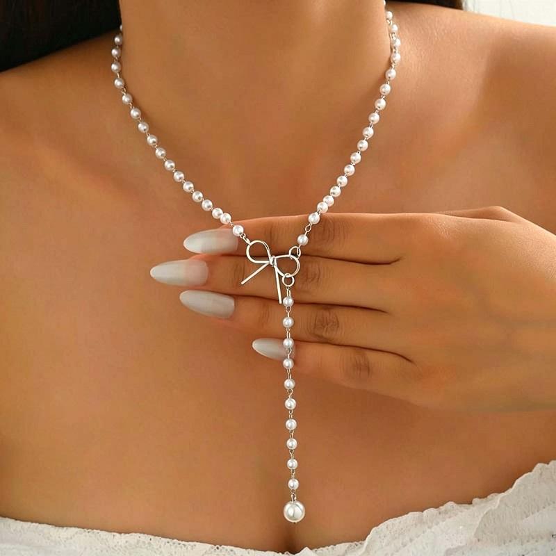 Vintage White Imitation Pearl Tassel Necklace for Women Fashion Gold Color Handmade Beaded Clavicle Chain Necklace Jewelry