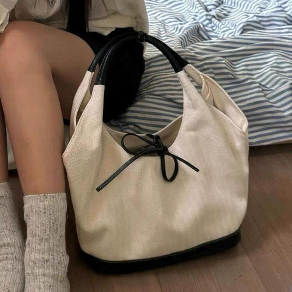 

Handbag Canvas Tote Bag Underarm Bag Cloth Bow Shoulder Bag Portable Girls білий