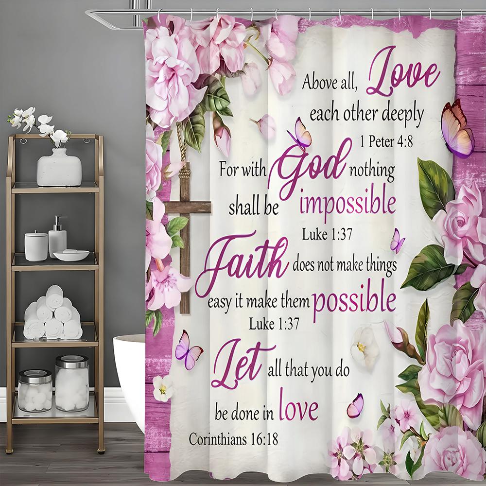 Purple Floral Bible Inspirational Quotes Shower Curtain, Bathroom Decorative Shower Curtain, Waterproof Shower Curtain with Hook