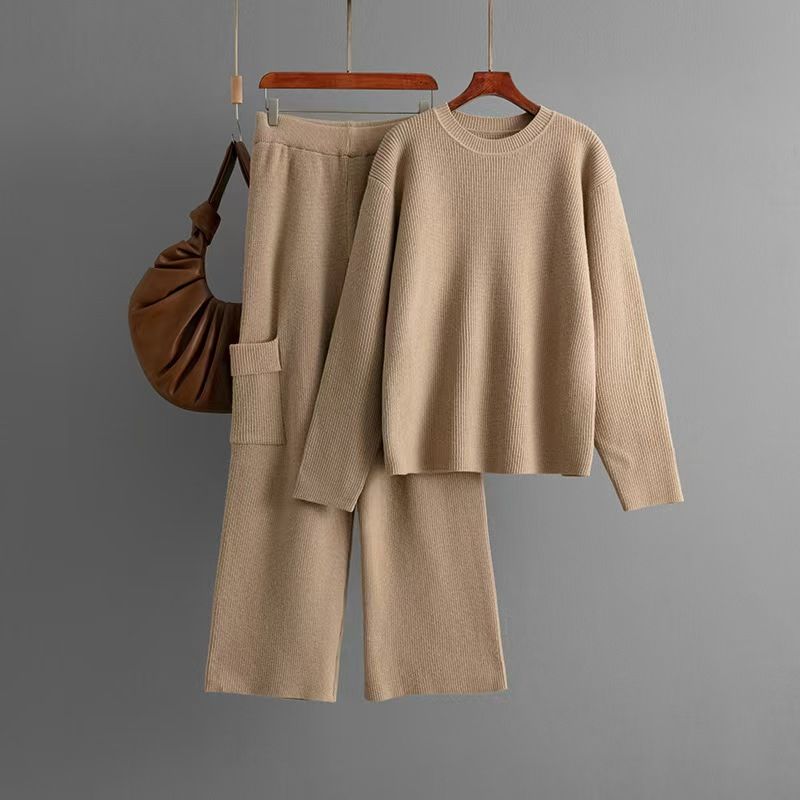 Fashion Wind Knitted Loose Pure Color round Neck Sweater Loose Pants Two-piece Set Sweater and Pants Set