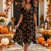 Women Casual V Neck Short Sleeve Halloween Print Dress Midi Length Wrap Style Adjustable Waist Tie